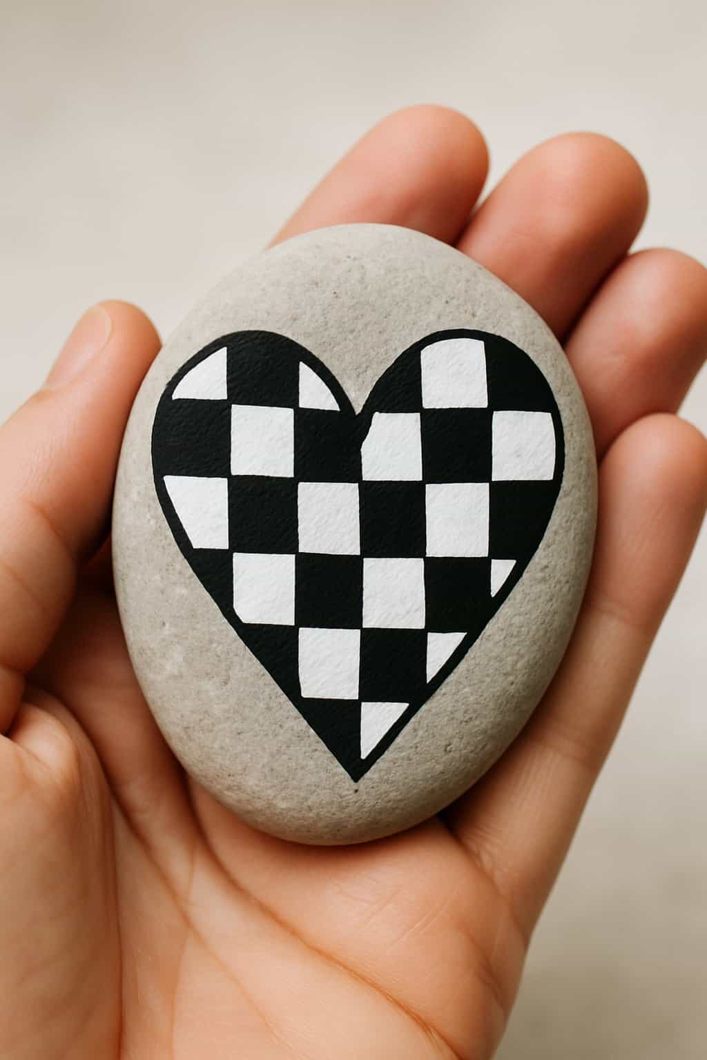 A hand holding a smooth river rock painted with black and white checkerboard hearts.
