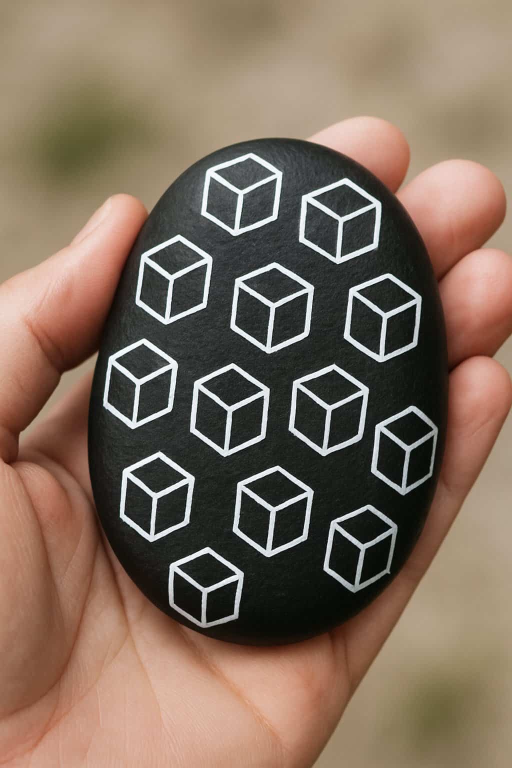 A hand holding a smooth black rock painted with white geometric cube patterns.