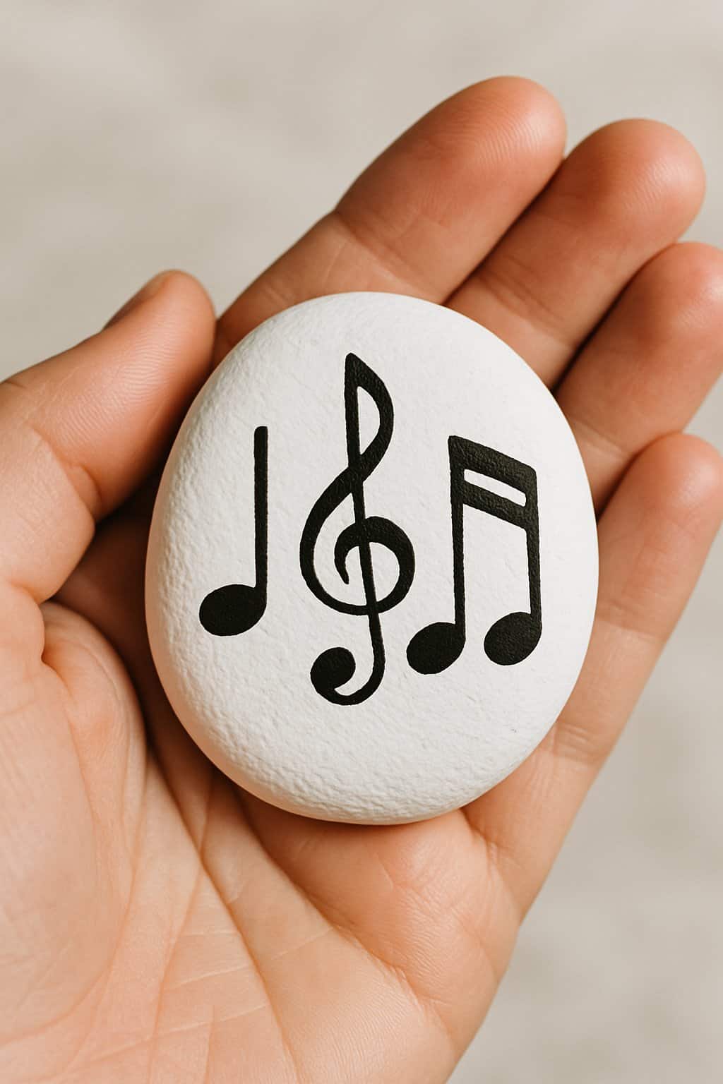 A hand holding a smooth white rock painted with black musical notes.