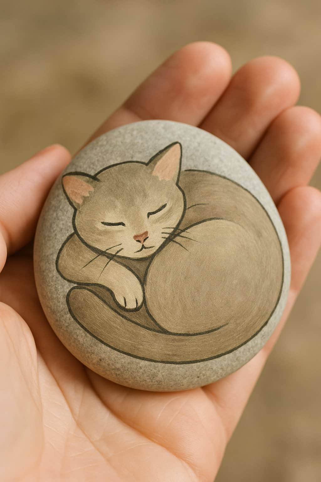 A hand holding a smooth river rock painted with a sleeping cat design.