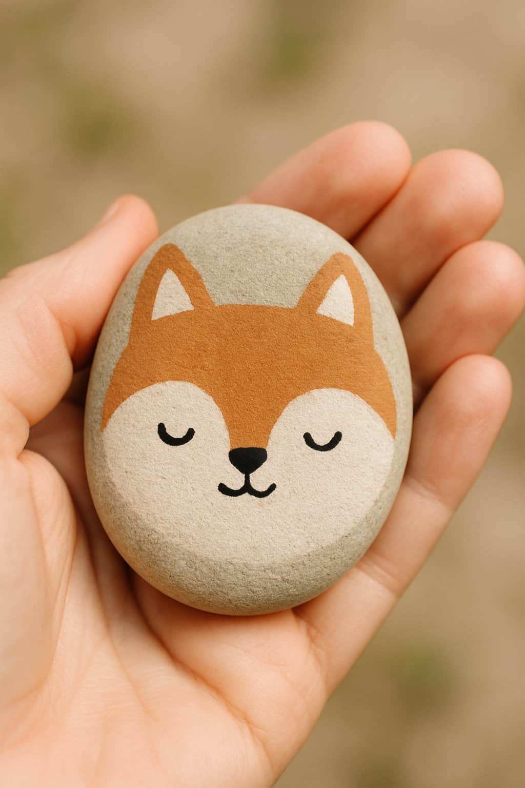 A hand holding a smooth river rock painted with a cute animal face.