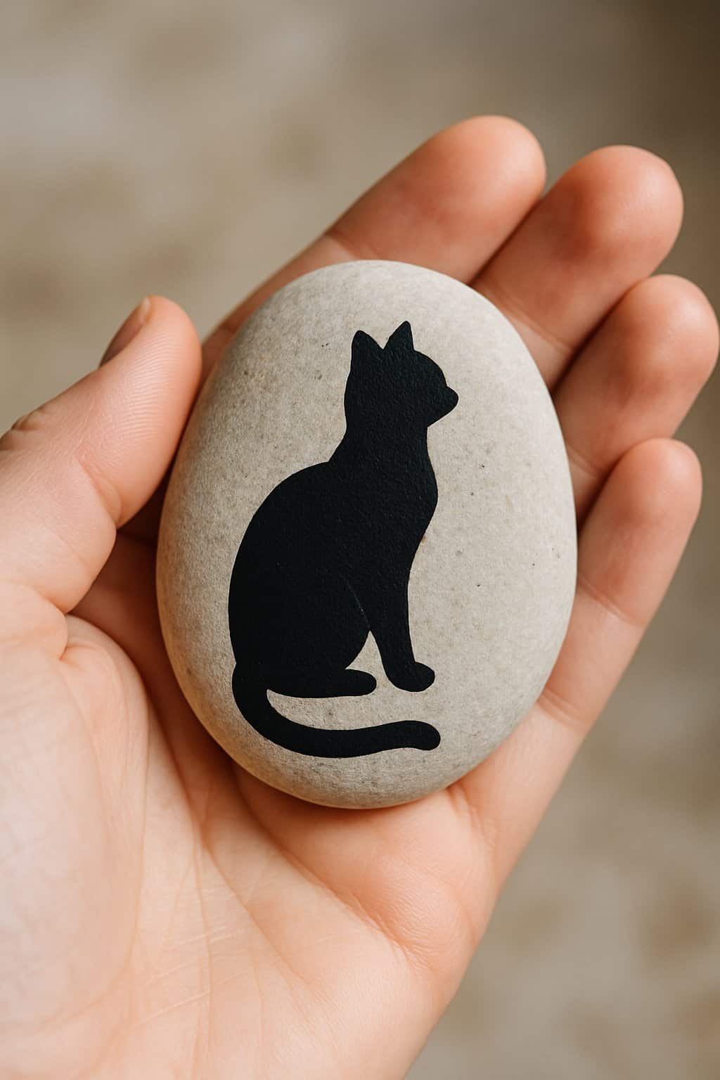 A hand holding a smooth river rock painted with a black cat silhouette.
