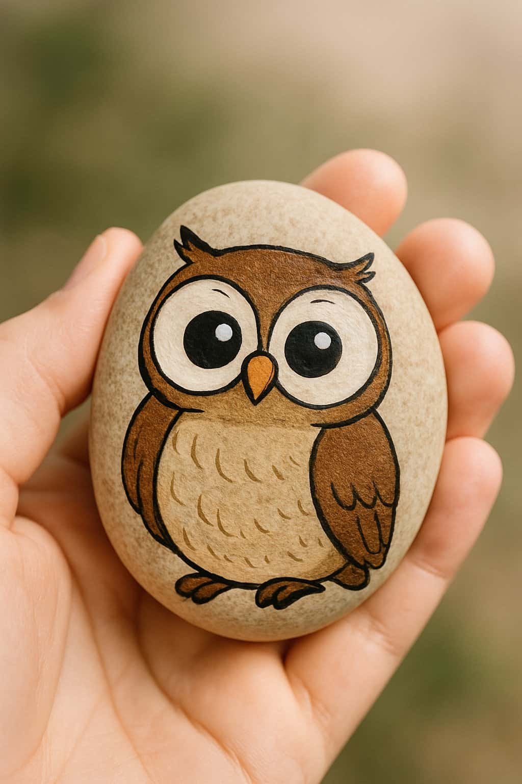 A hand holding a smooth river rock painted with a cartoon owl design featuring big eyes.