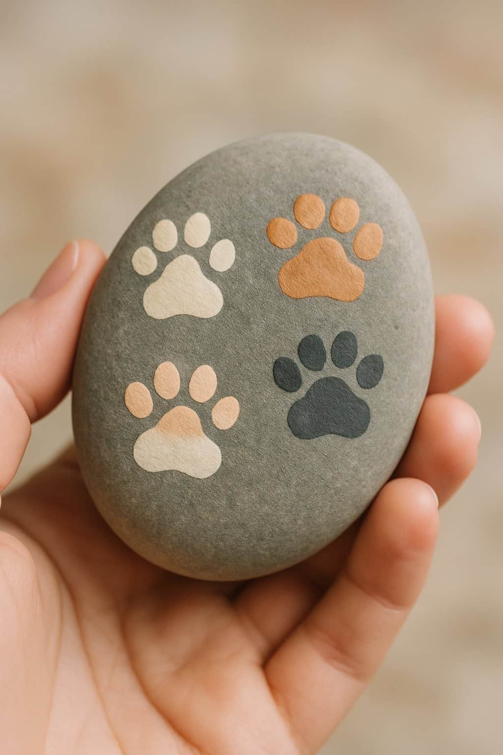 A hand holding a smooth river rock painted with kitten paw prints.
