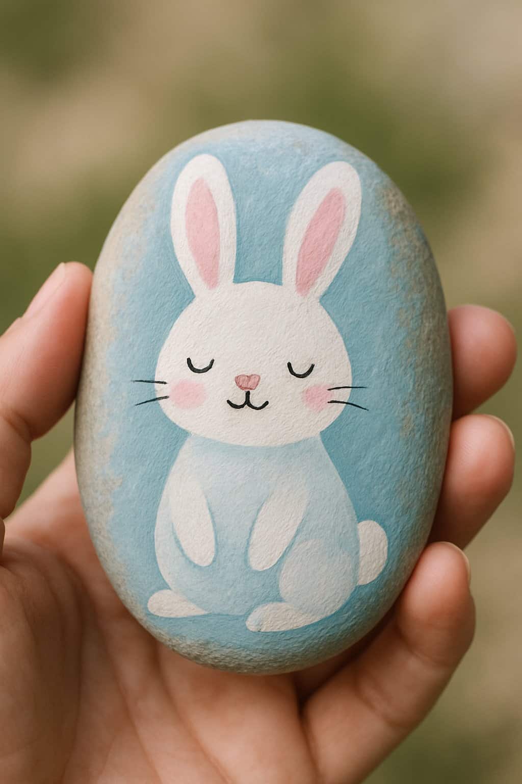 A hand holding a smooth river rock painted with a pastel bunny design.