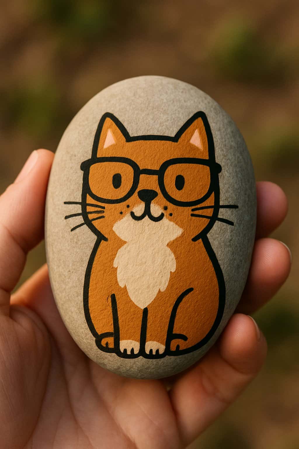 A hand holding a smooth river rock painted with a funny cat wearing glasses.