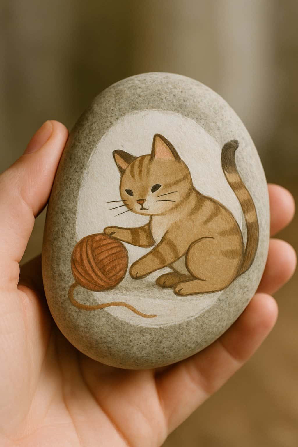 A hand holding a smooth river rock painted with a cat playing with a ball of yarn.