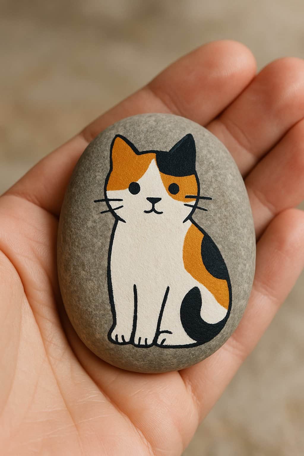 A hand holding a smooth river rock painted with a calico cat design.