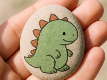 A hand holds a smooth stone painted with a cute green dinosaur with brown spikes, outlined in black, against a blurred beige background.