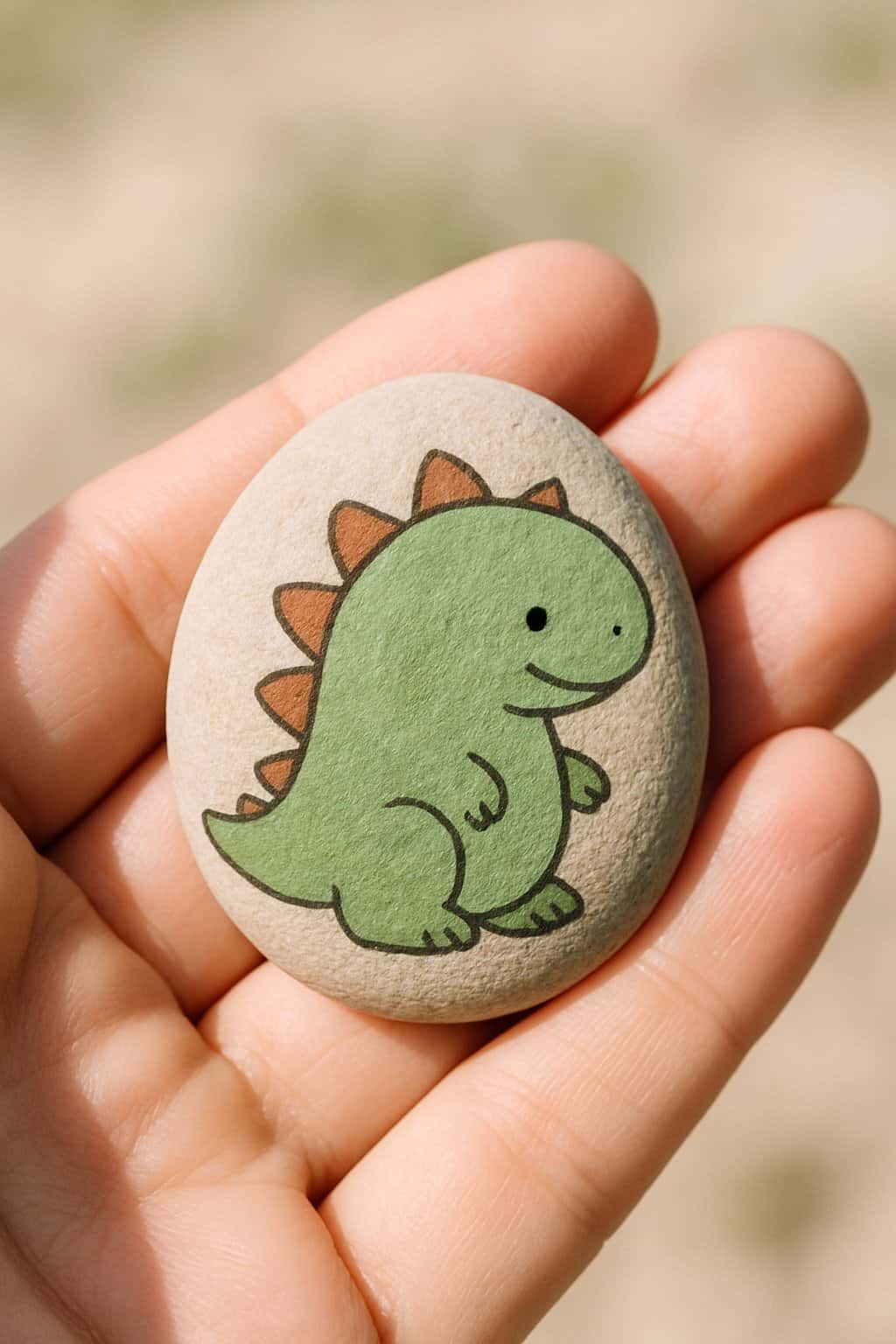 A hand holding a small smooth rock painted with a tiny dinosaur design.