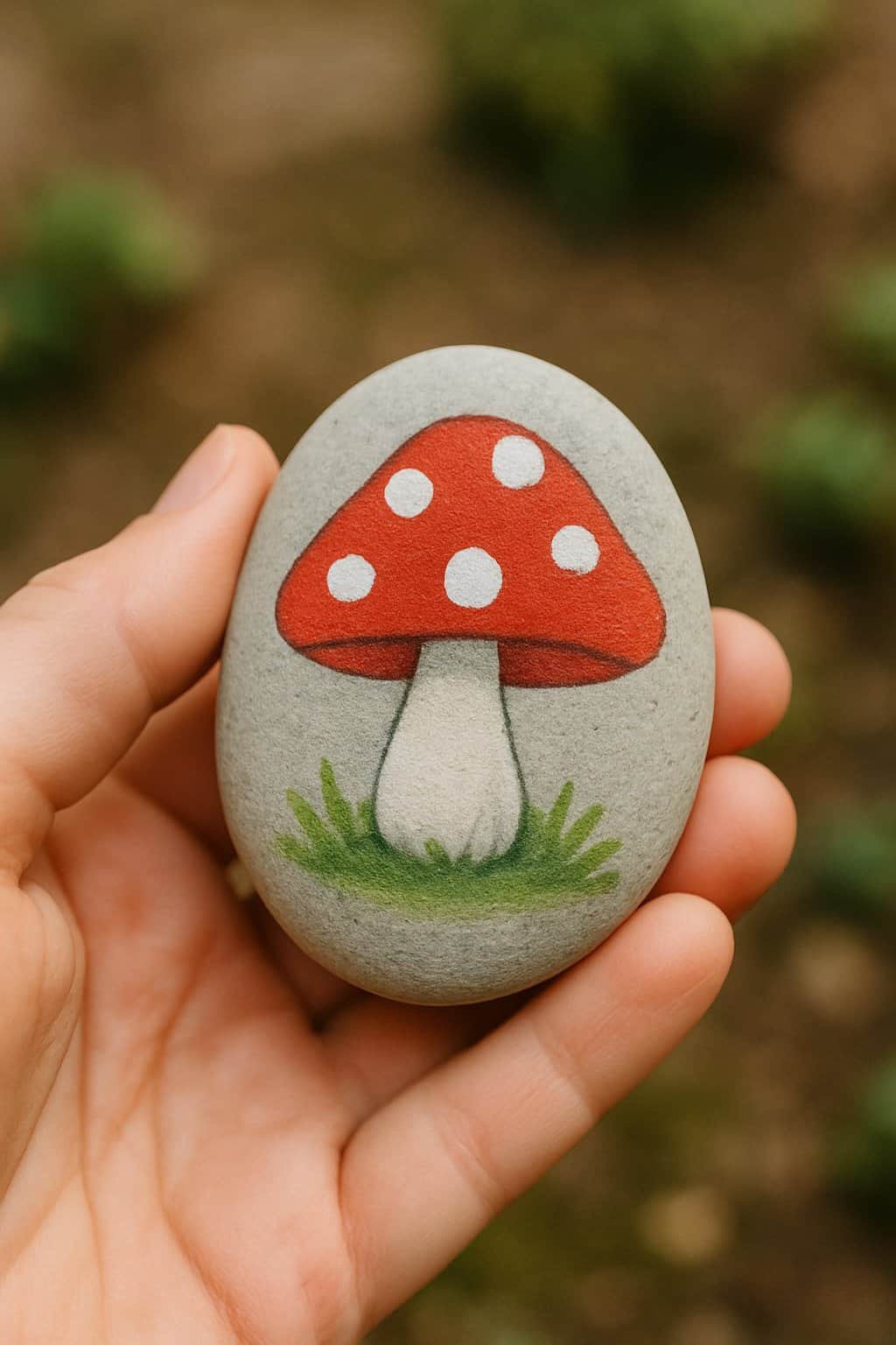 A hand holding a smooth river rock painted with a red and white mushroom design.
