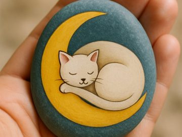 A hand holding a smooth, painted stone featuring an illustration of a sleeping cream-colored cat curled up on a yellow crescent moon against a blue background.