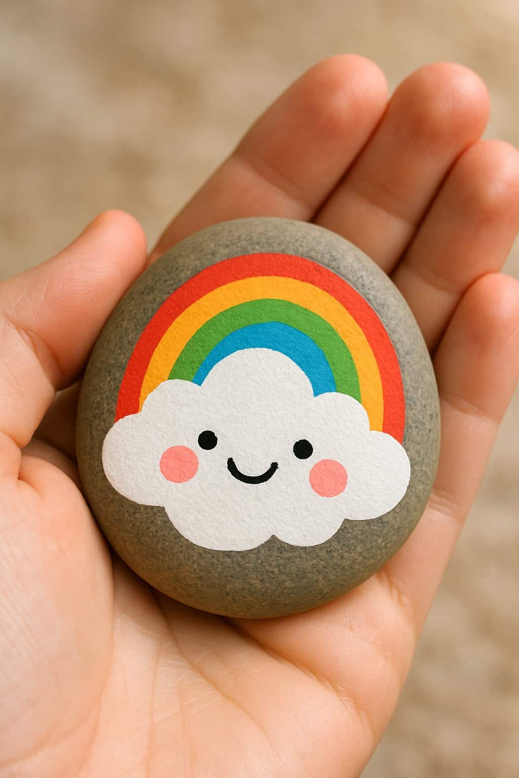 A hand holding a smooth river rock painted with a smiling cloud and rainbow design.