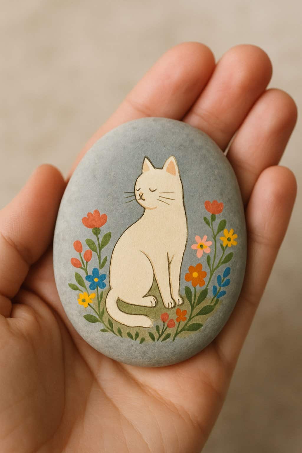 A hand holding a smooth river rock painted with a cat sitting among flowers.