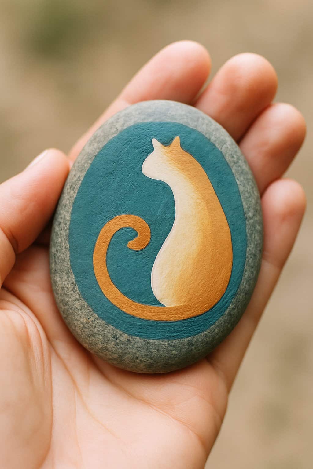 A hand holding a smooth river rock painted with a cat's tail curling around it.