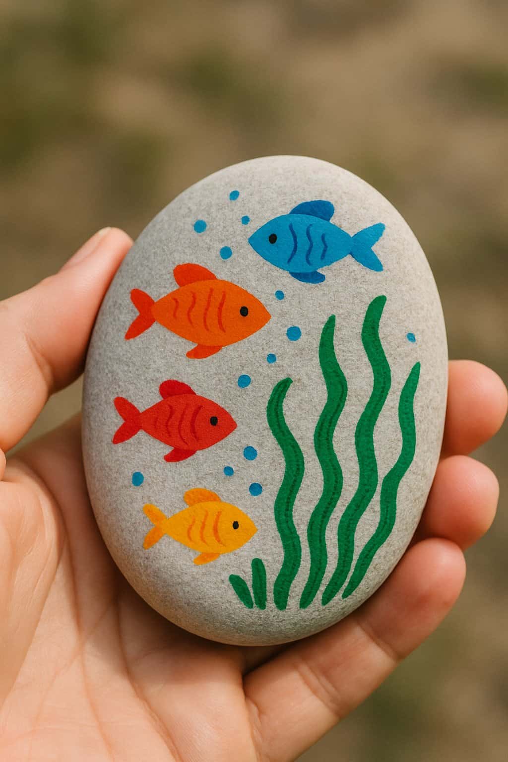 A hand holding a smooth river rock painted with colorful fish and seaweed.