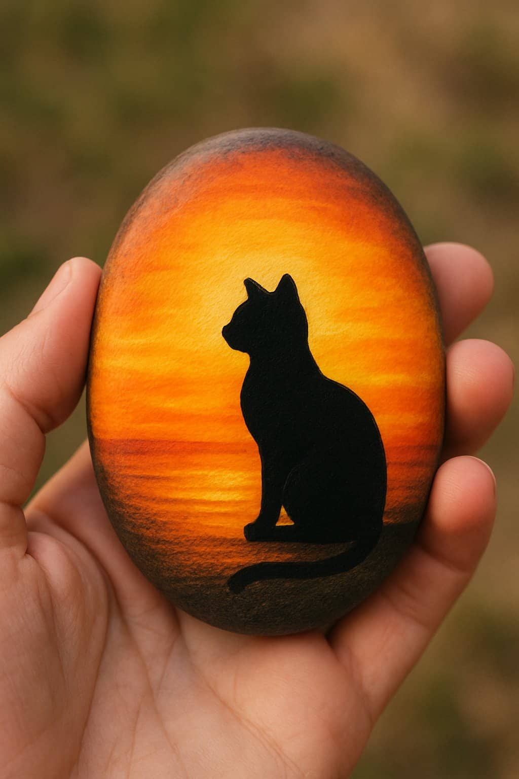 A hand holding a smooth river rock painted with a cat silhouette against a sunset background.