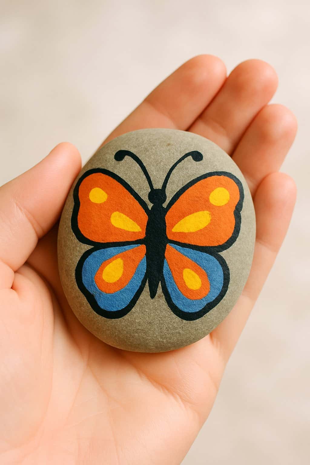 A hand holding a smooth river rock painted with a colorful butterfly design.