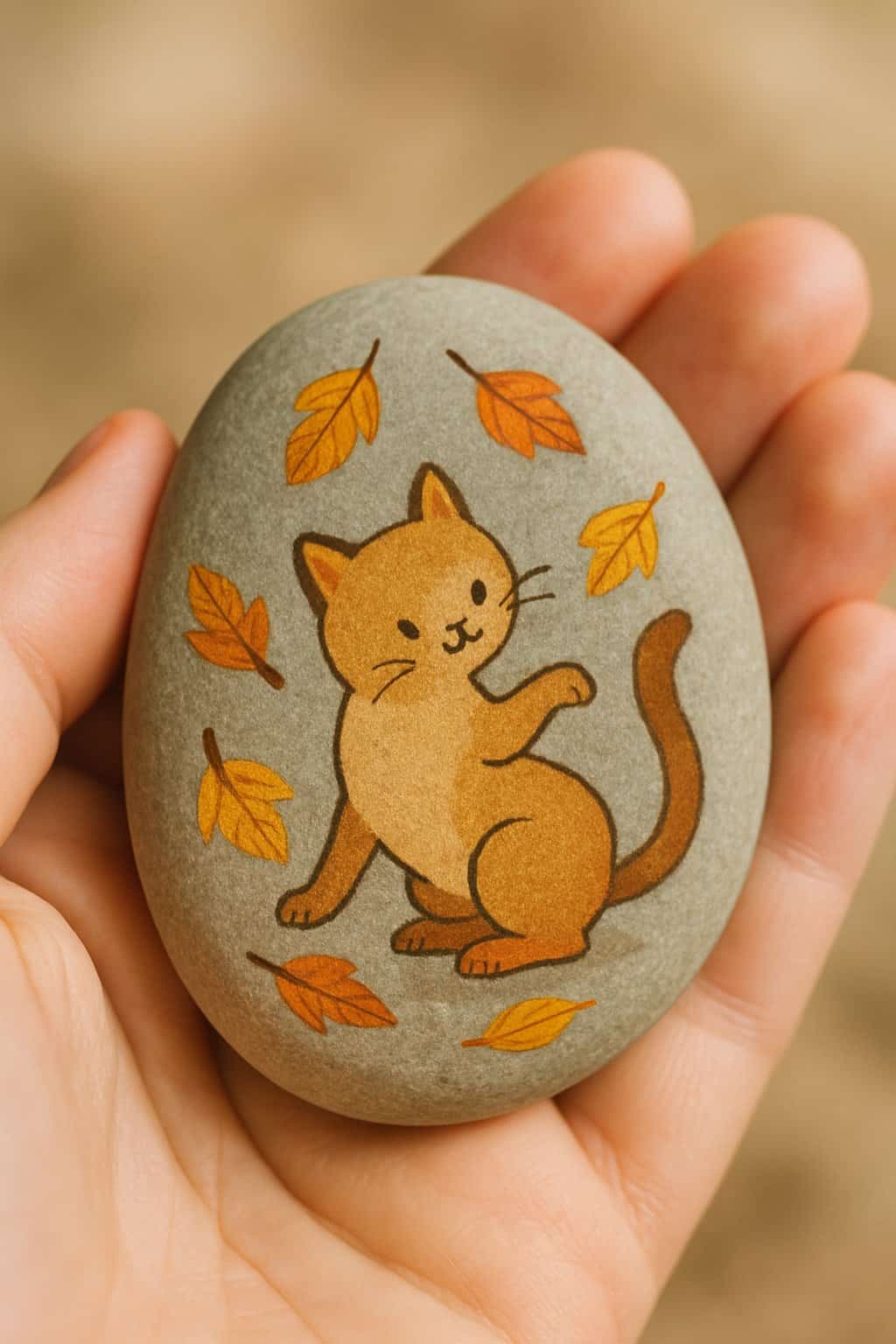 A hand holding a smooth river rock painted with a cat playing with autumn leaves.