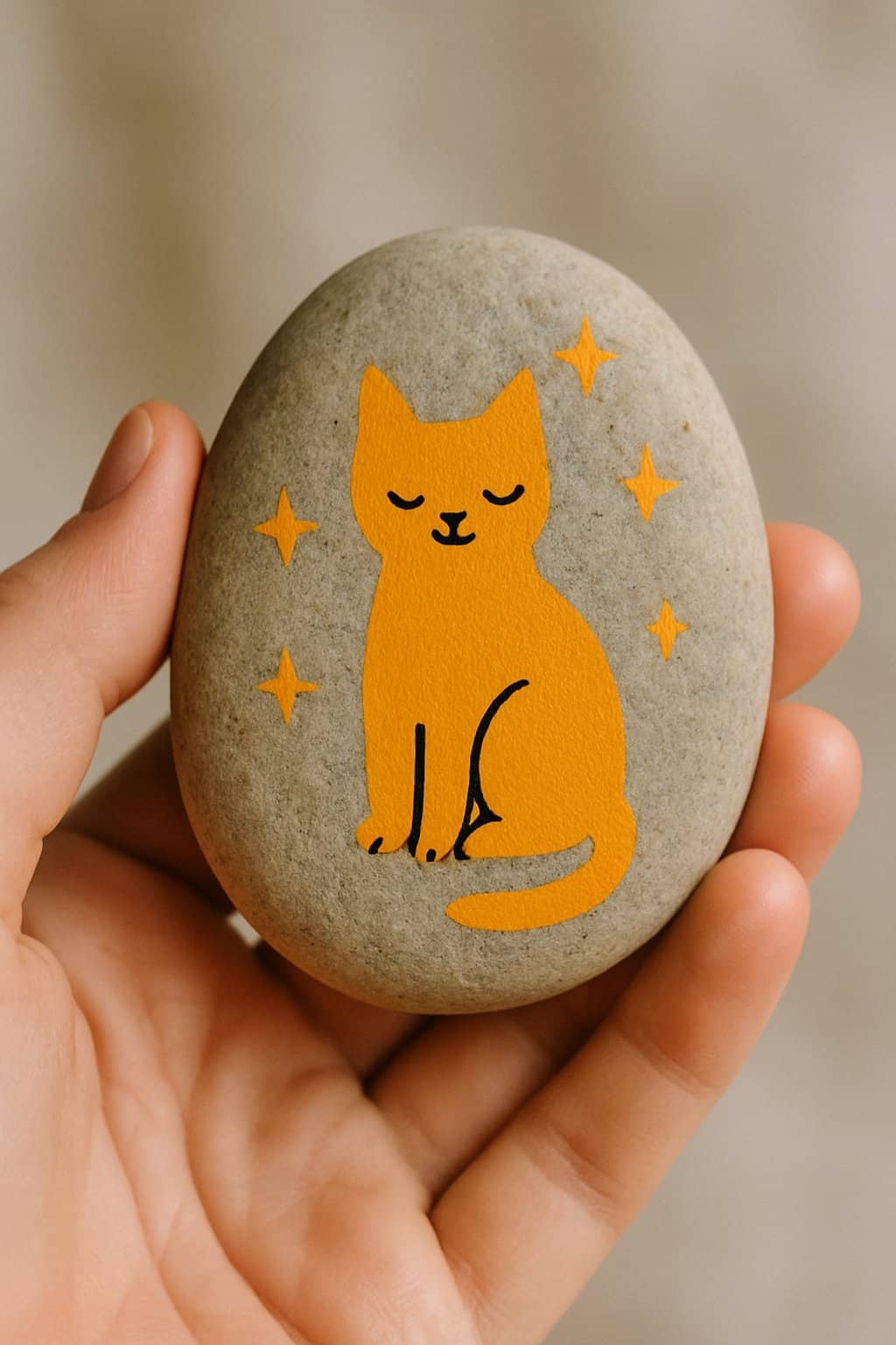 A hand holding a smooth river rock painted with a cat and stars design.