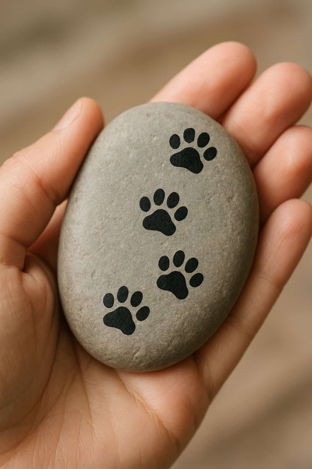 A hand holding a smooth river rock painted with cat paw prints.