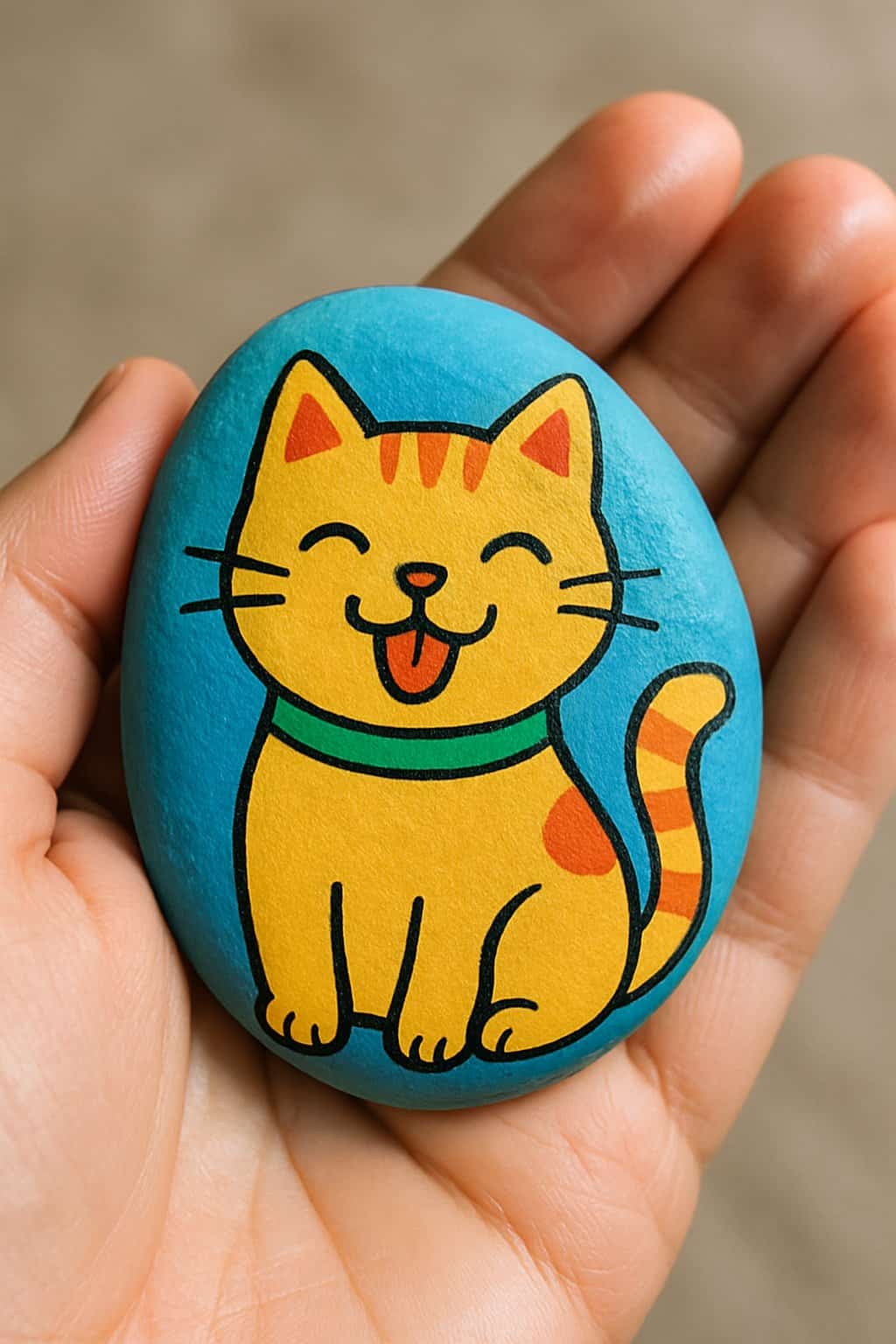 A hand holding a smooth river rock painted with a happy cat sticking its tongue out.