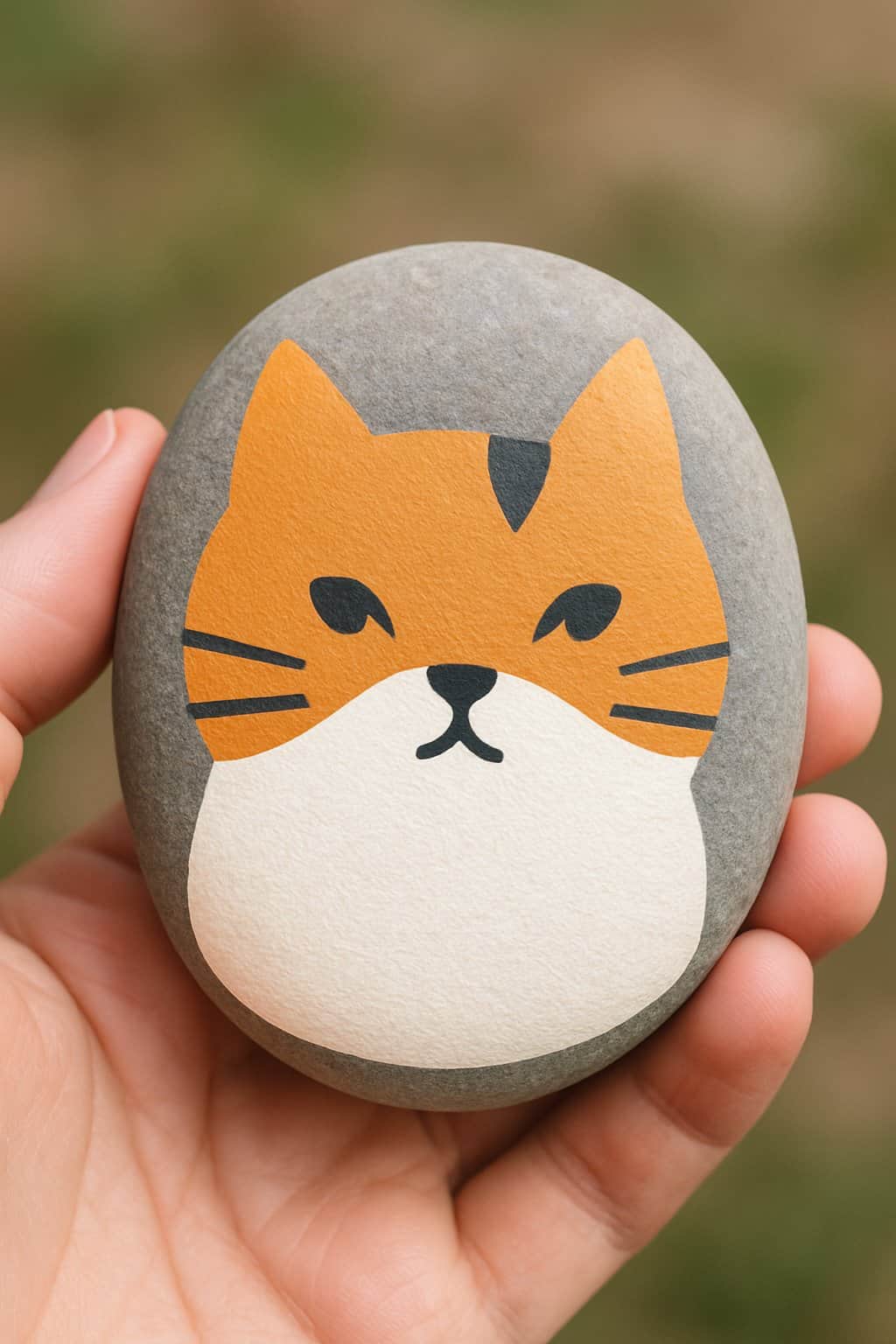 A hand holding a smooth river rock painted with a geometric cat face design.