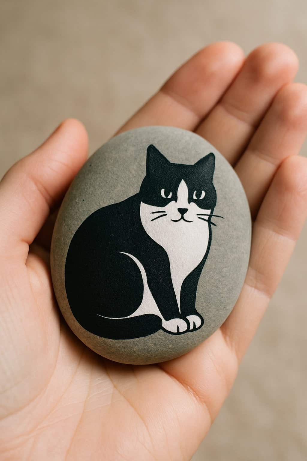 A hand holding a smooth river rock painted with a black and white tuxedo cat design.