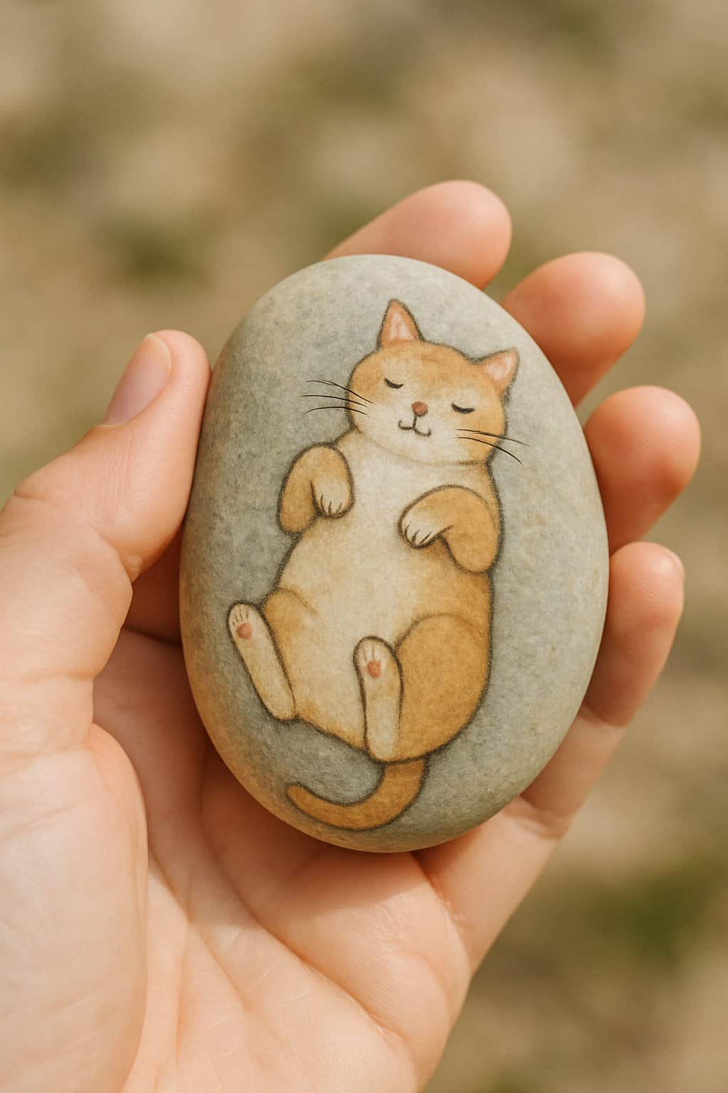 A hand holding a smooth river rock painted with a cat lying on its back.