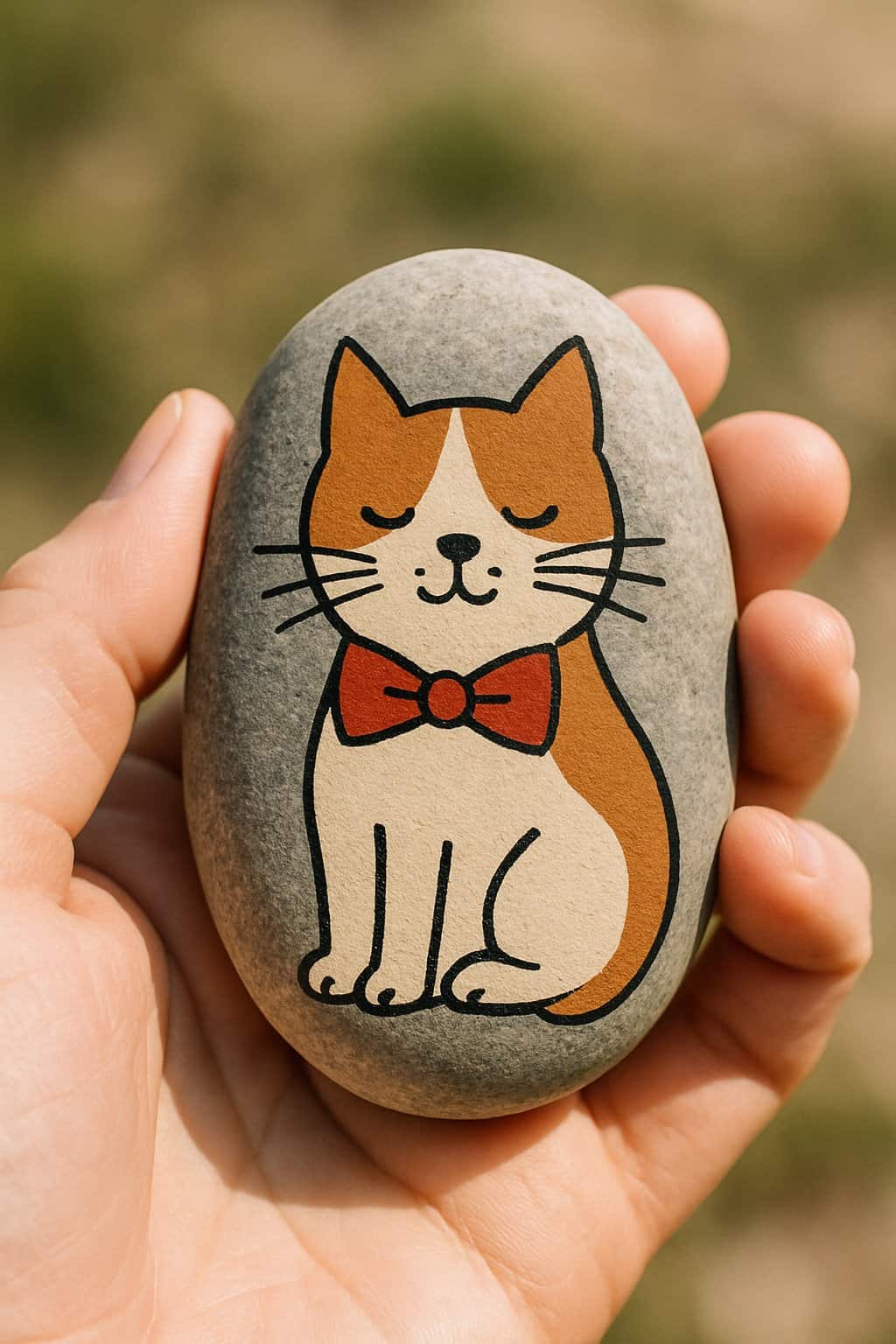 A hand holding a smooth river rock painted with a cat wearing a bowtie.