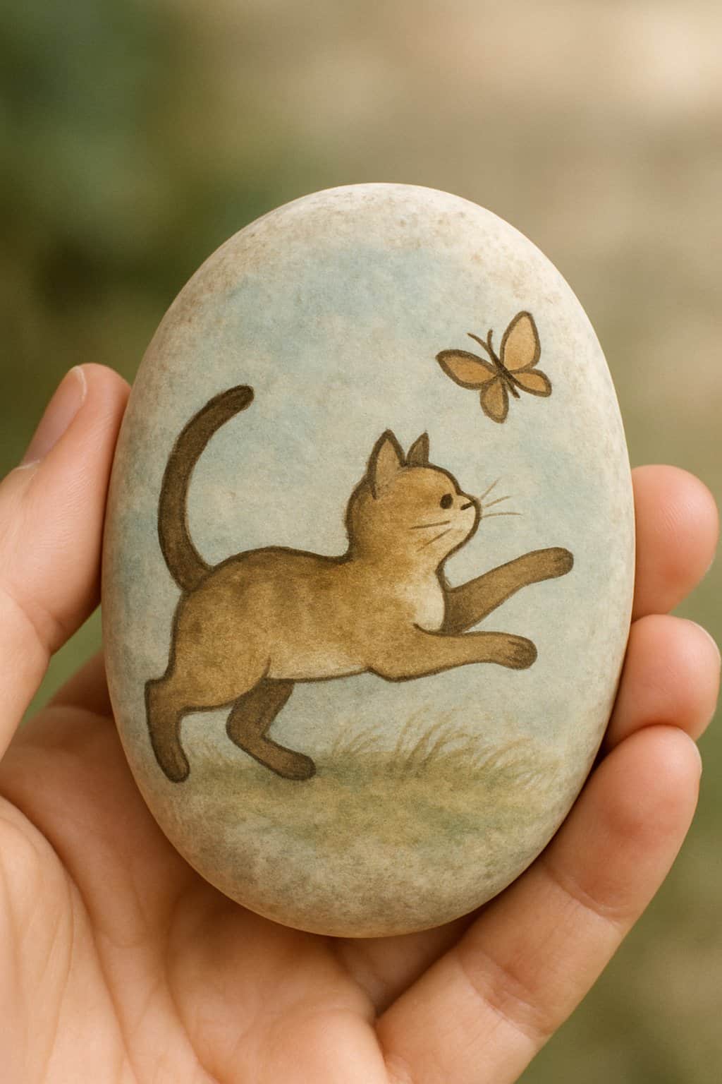 A hand holding a smooth river rock painted with a cat chasing a butterfly.