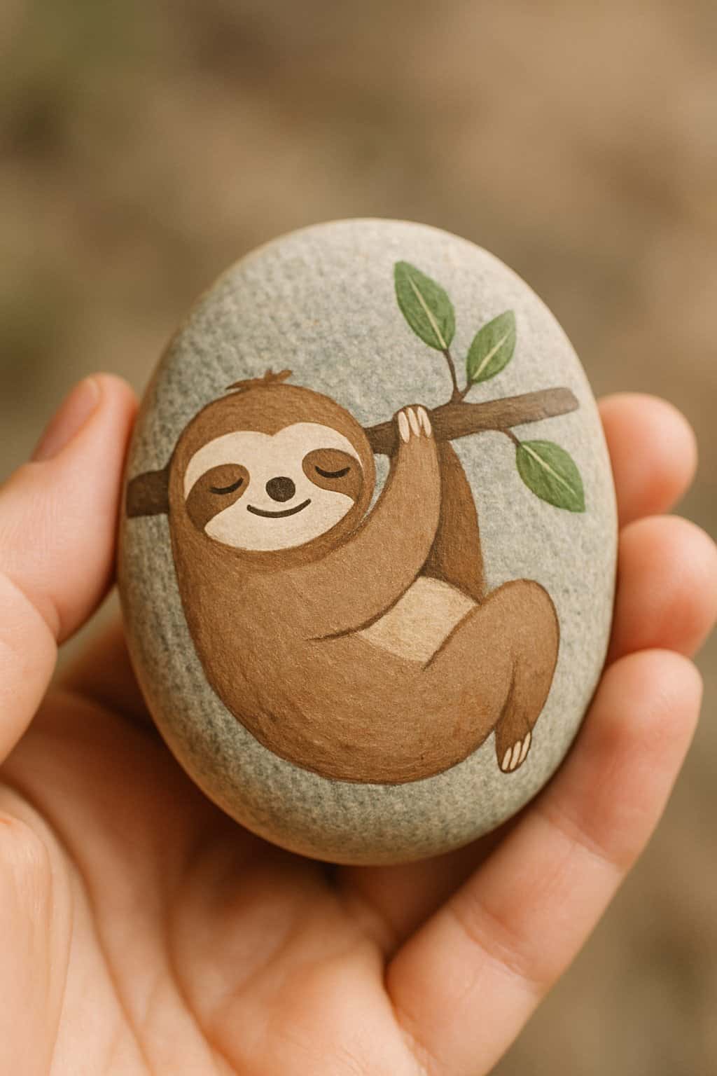 A hand holding a smooth river rock painted with a sloth hanging from a branch.