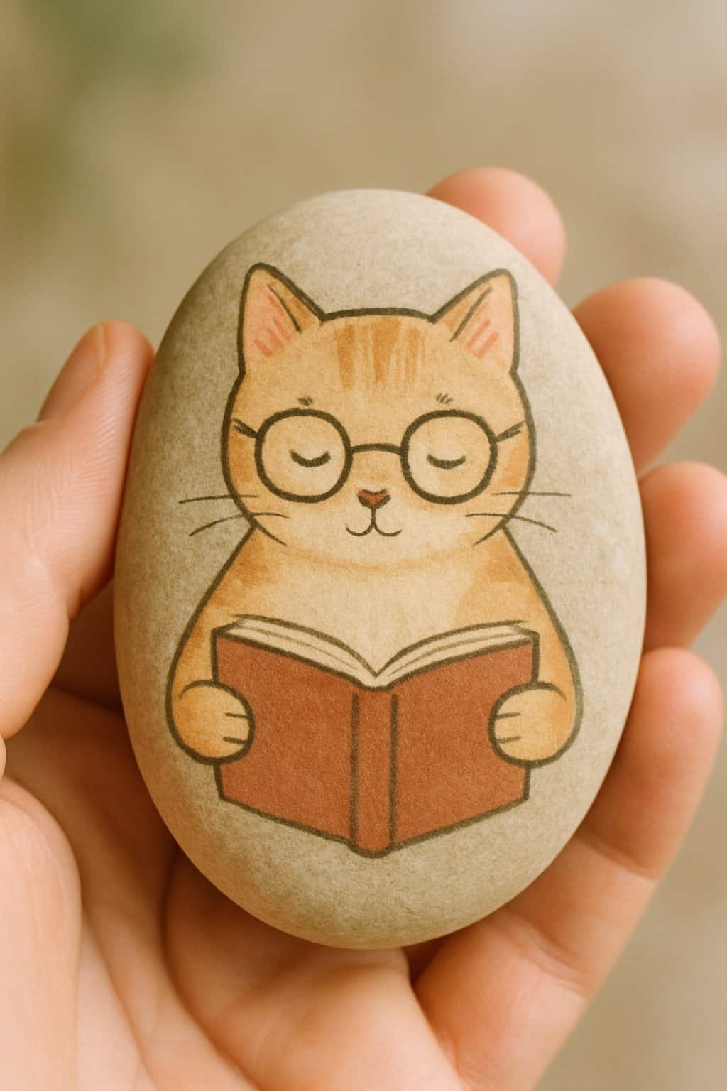 A hand holding a smooth river rock painted with a cat wearing glasses reading a book.