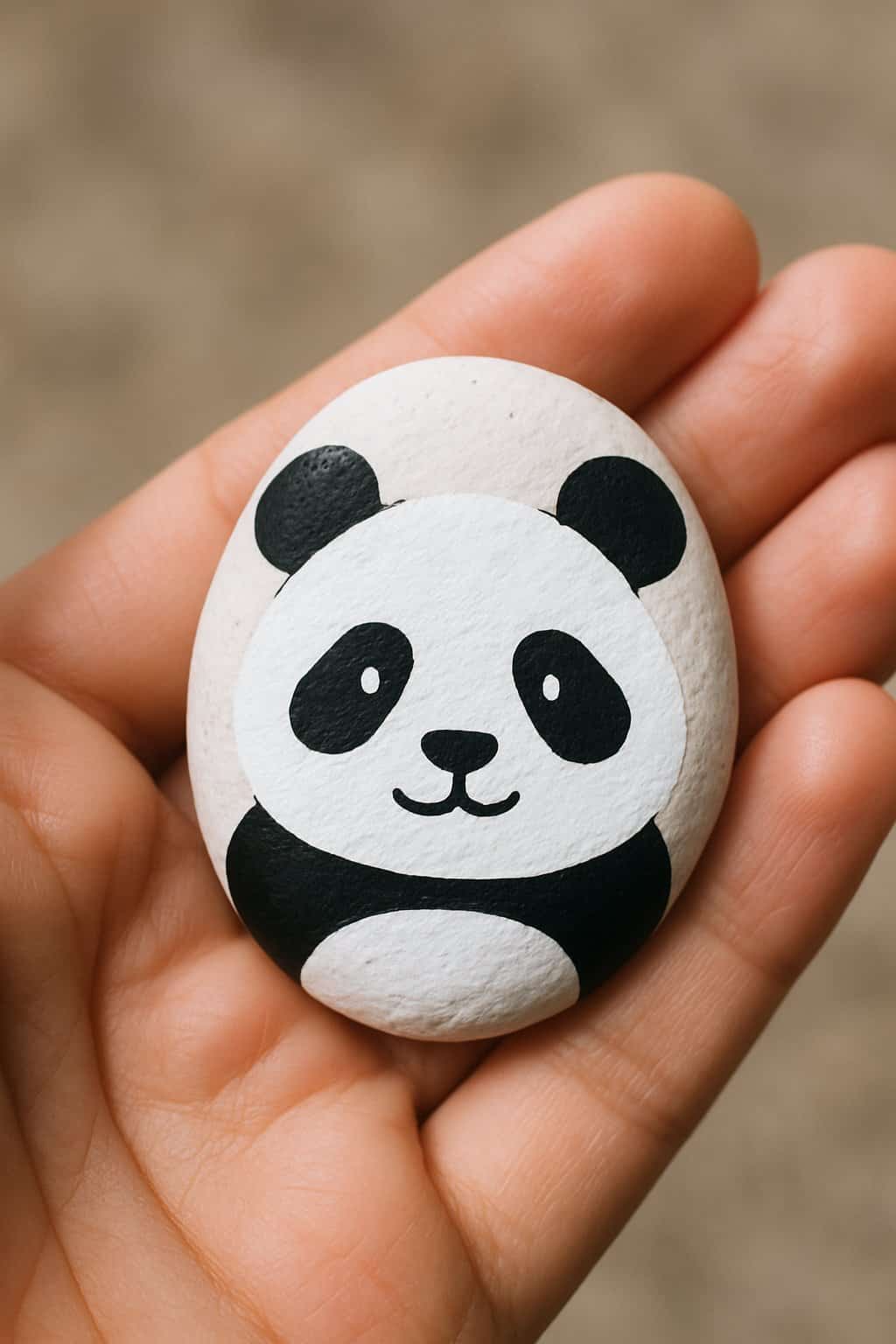 A hand holding a small smooth river rock painted with a cute panda face.