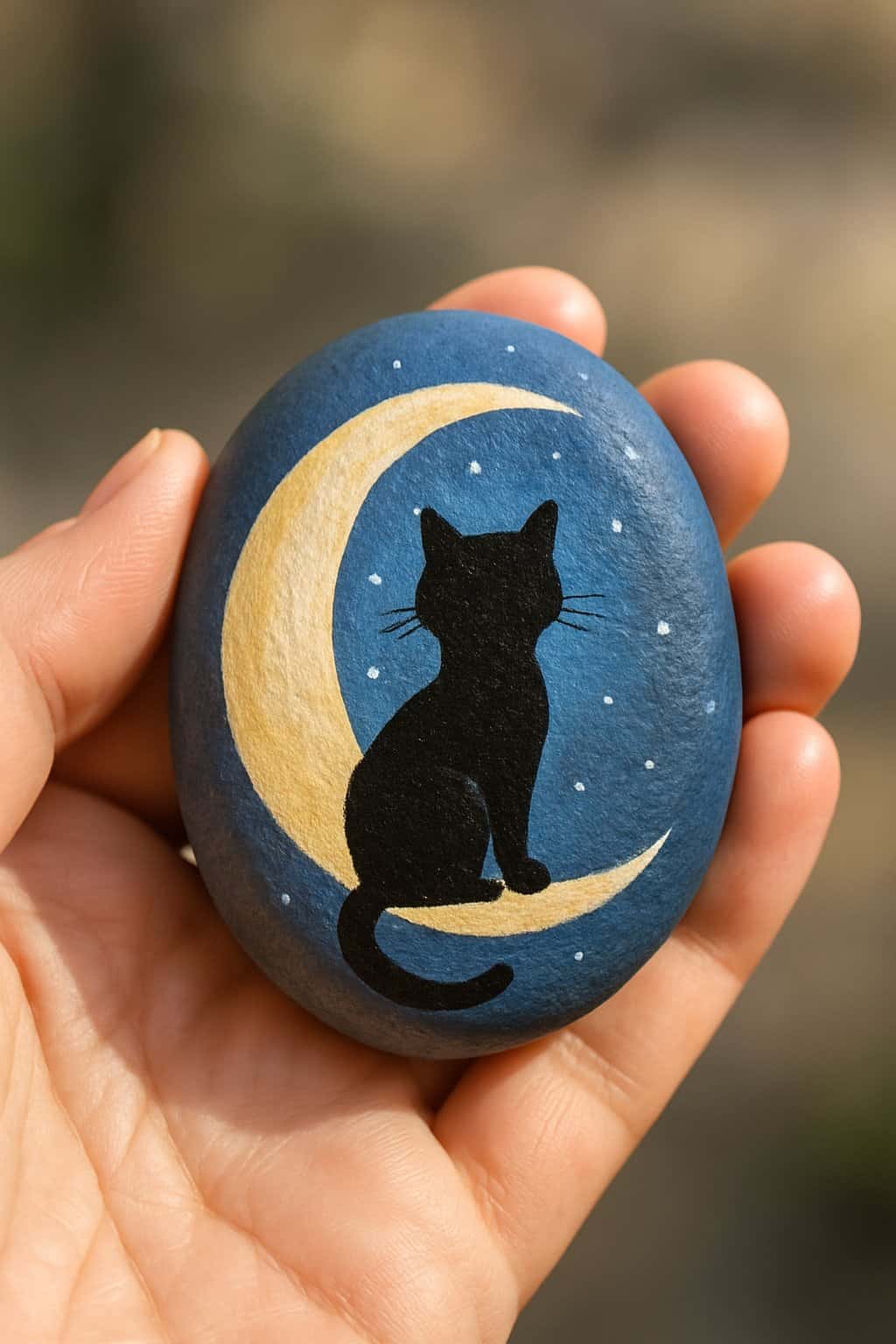 A hand holding a smooth river rock painted with a black cat sitting on a crescent moon.