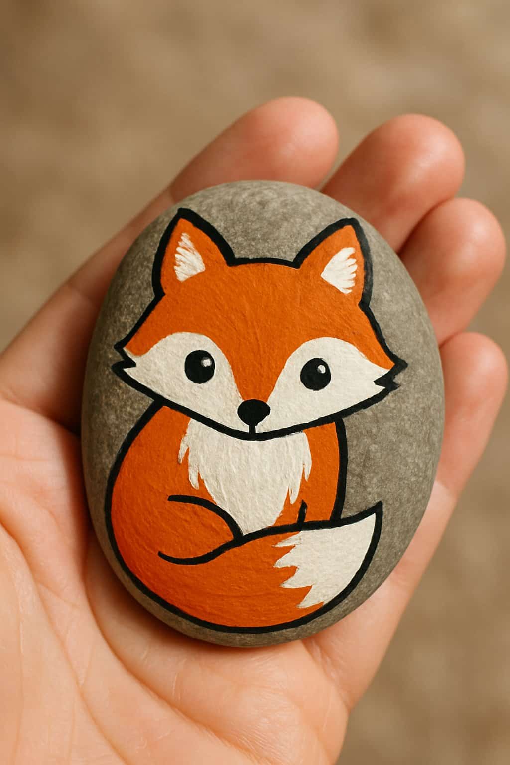 A hand holding a smooth river rock painted with a fox face and bushy tail.