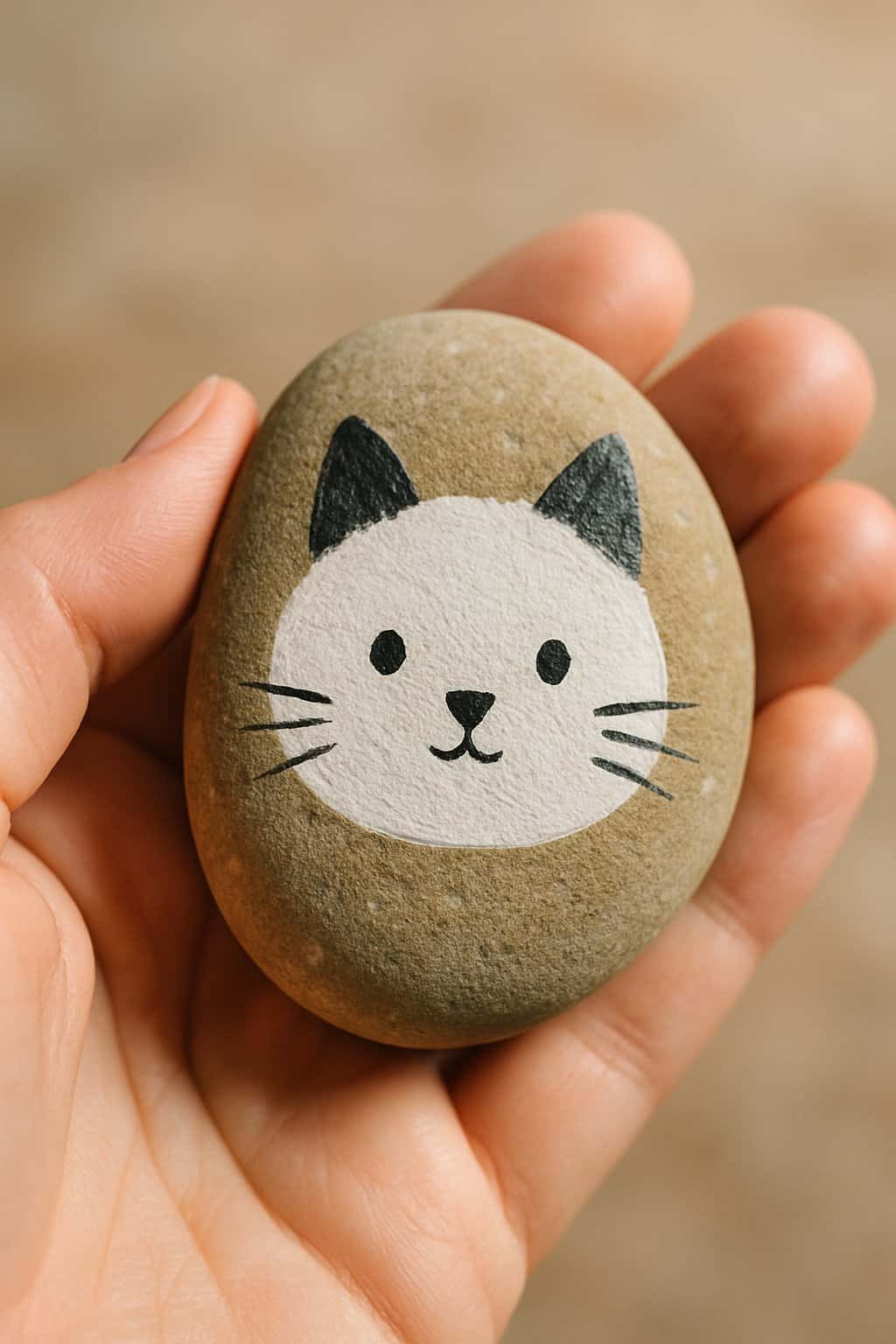 A hand holding a smooth river rock painted with a simple pet portrait design.