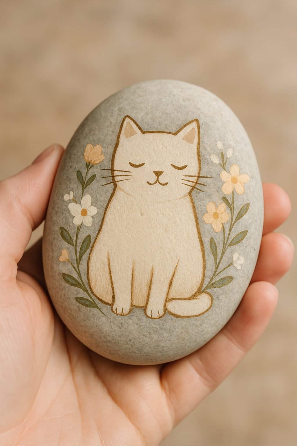 A hand holding a smooth river rock painted with a cat surrounded by flowers.