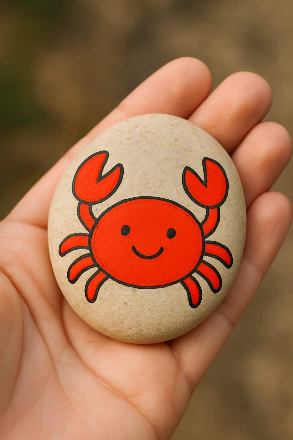A hand holding a smooth river rock painted with a cute crab design.