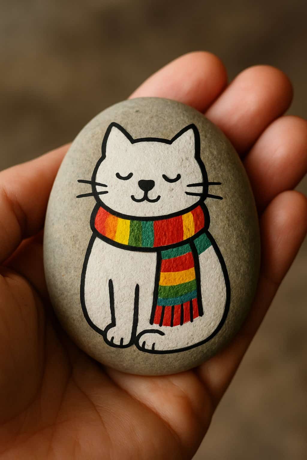 A hand holding a smooth river rock painted with a cat wearing a colorful scarf.