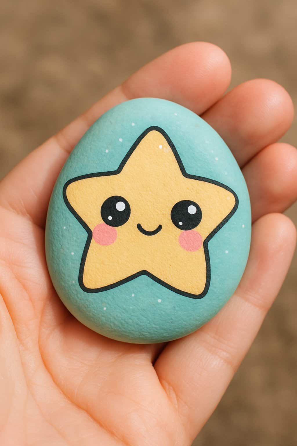 A hand holding a smooth painted river rock with a star design and eyes.