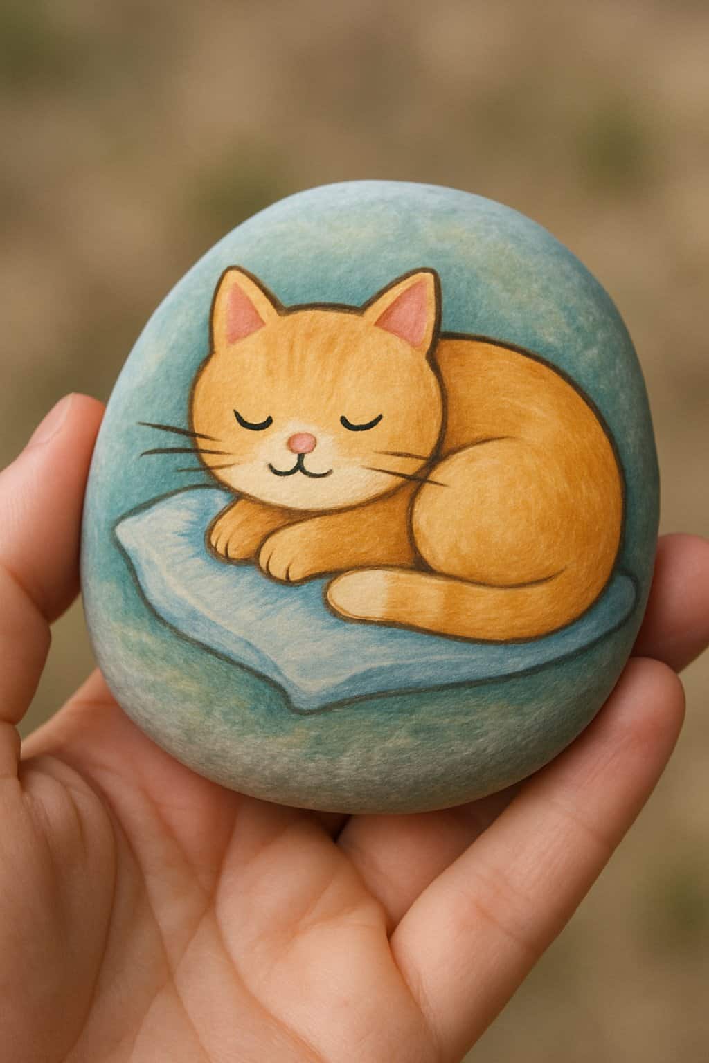 A hand holding a smooth river rock painted with a sleeping cat on a pillow.