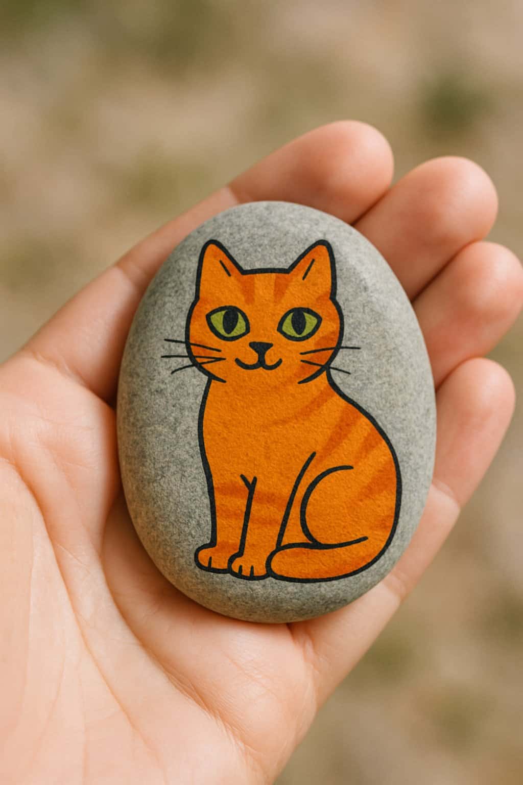 A hand holding a smooth river rock painted with an orange cat with green eyes.