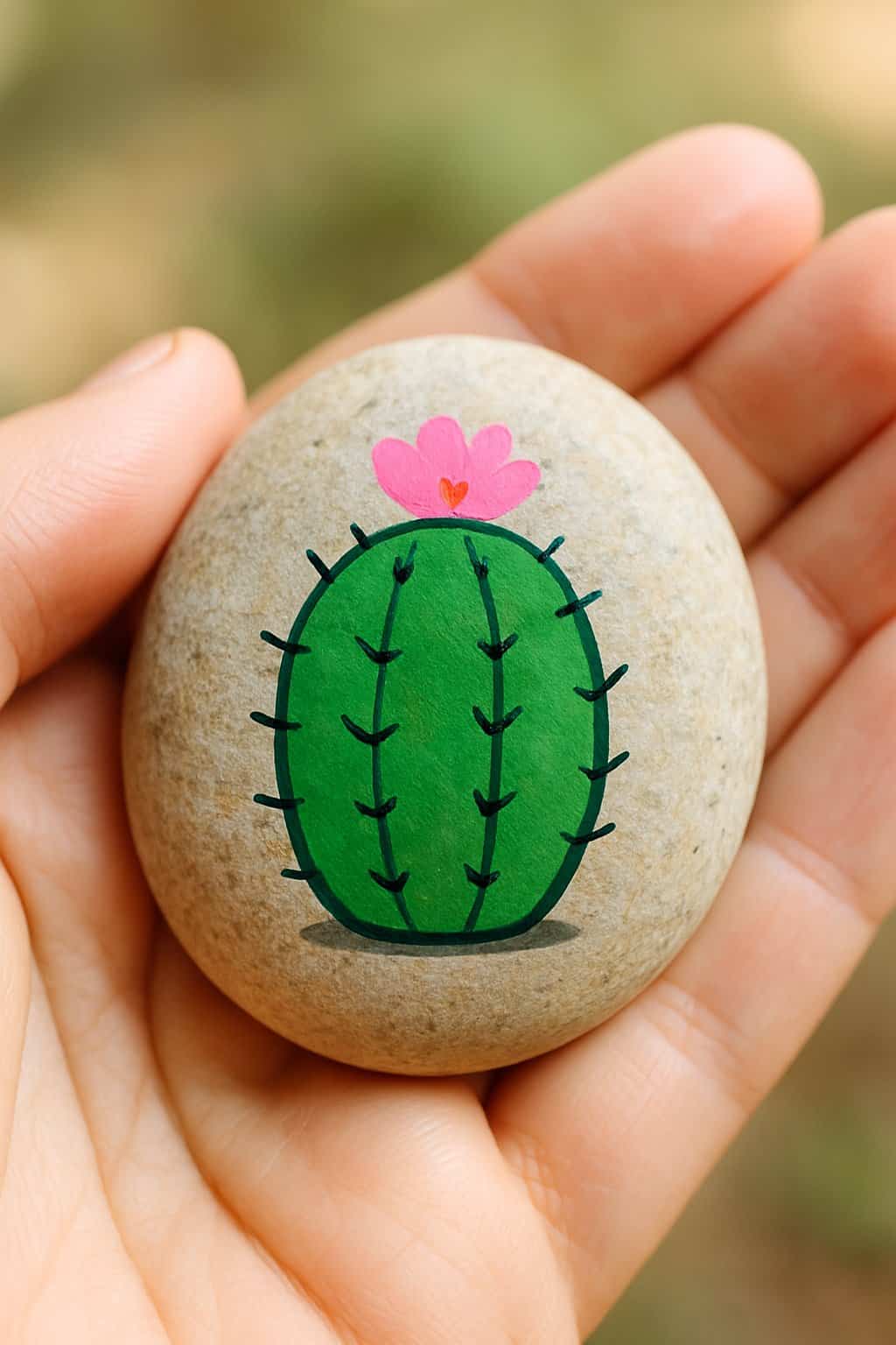 A hand holding a smooth river rock painted with a green cactus and a pink flower.
