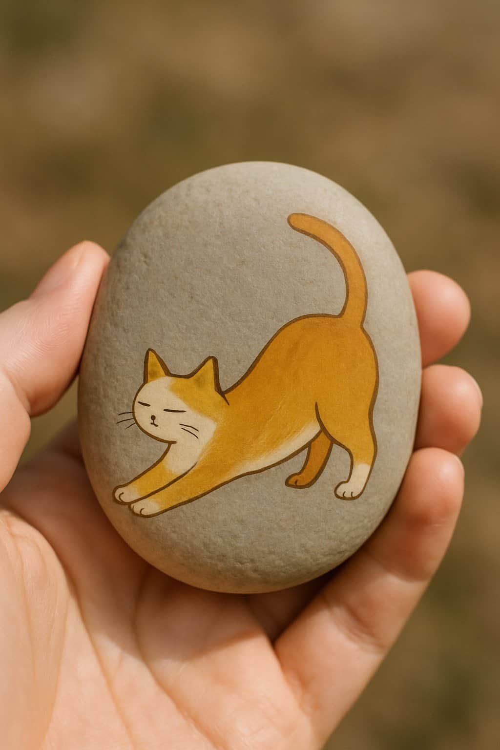 A hand holding a smooth river rock painted with a cat stretching design.