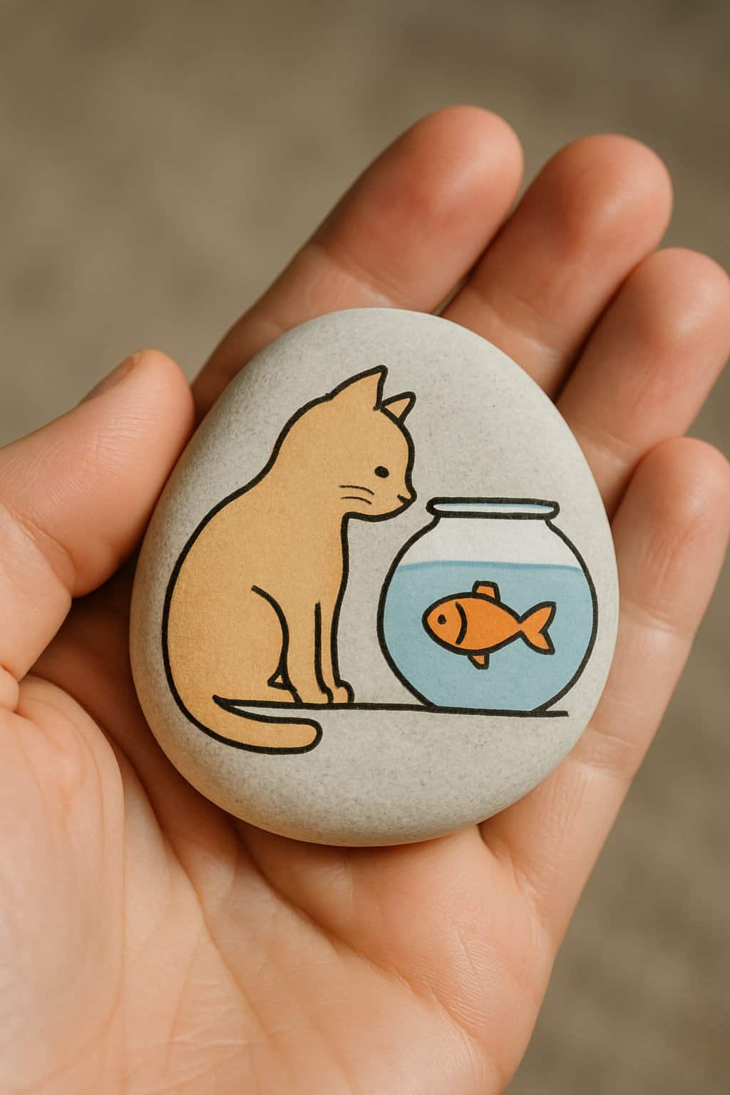 A hand holding a smooth river rock painted with a cat looking at a fishbowl.