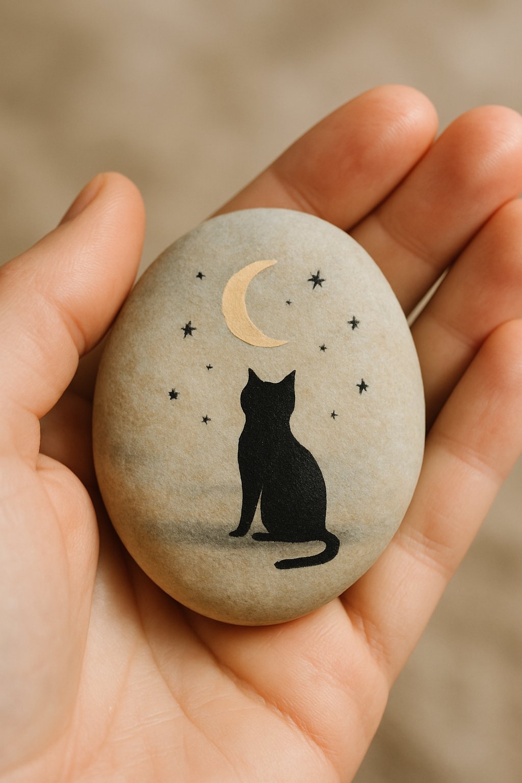 A hand holding a smooth river rock painted with a black cat, crescent moon, and stars.