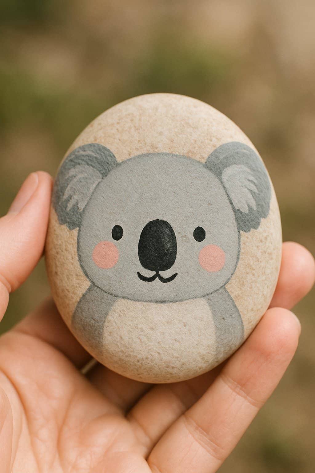 A hand holding a smooth river rock painted with a cute koala face.