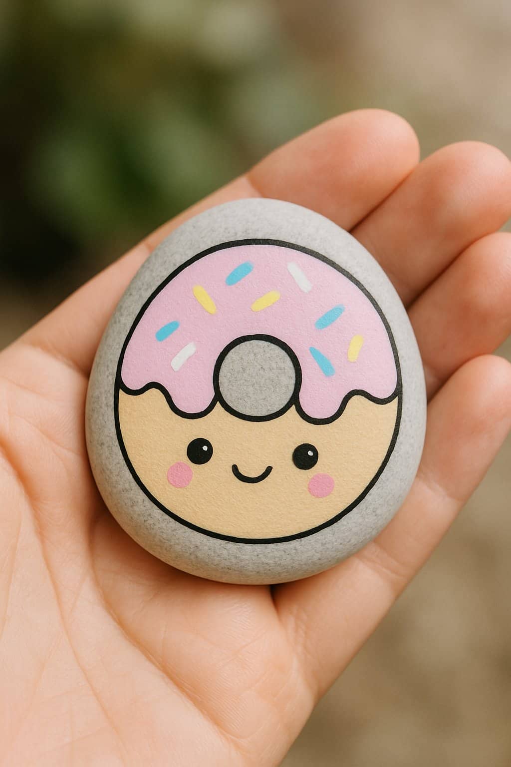 A hand holding a smooth river rock painted with a colorful donut design.