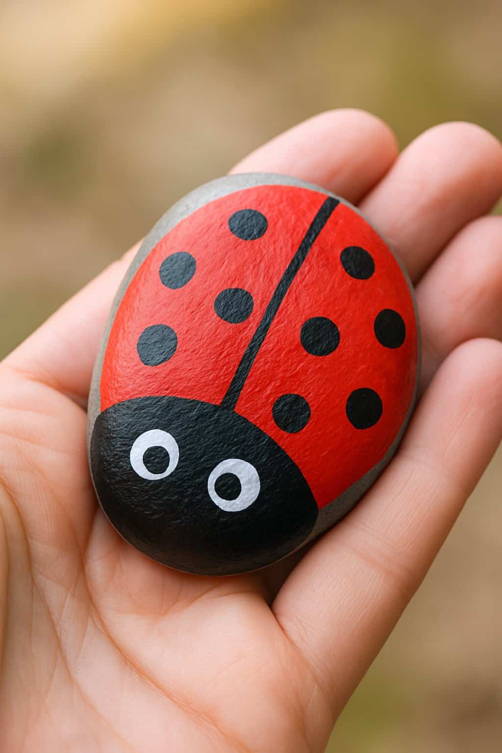 A hand holding a smooth river rock painted with a red ladybug design with black polka dots.